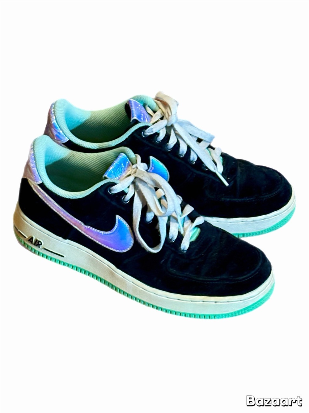 Nike Black "Green Glow" Air Force  One Iridescent Purple-Blue swoosh size 8